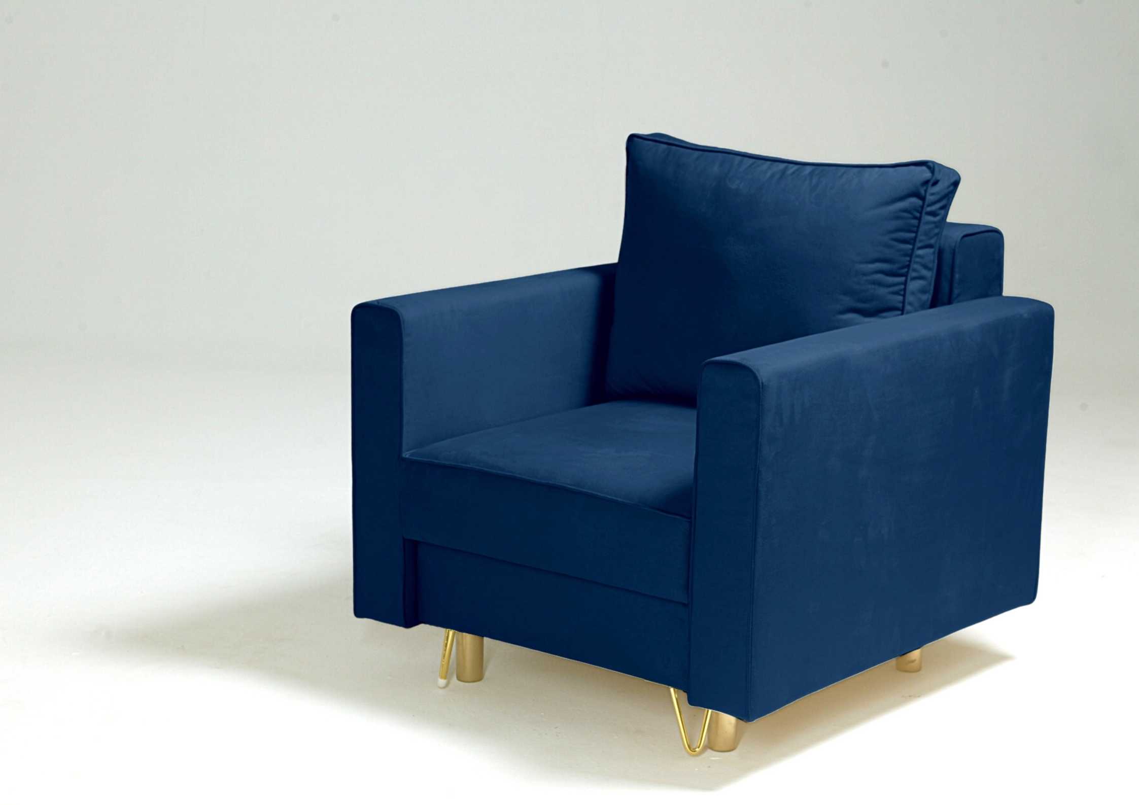 Granatowy fotel na złotych nogach DES